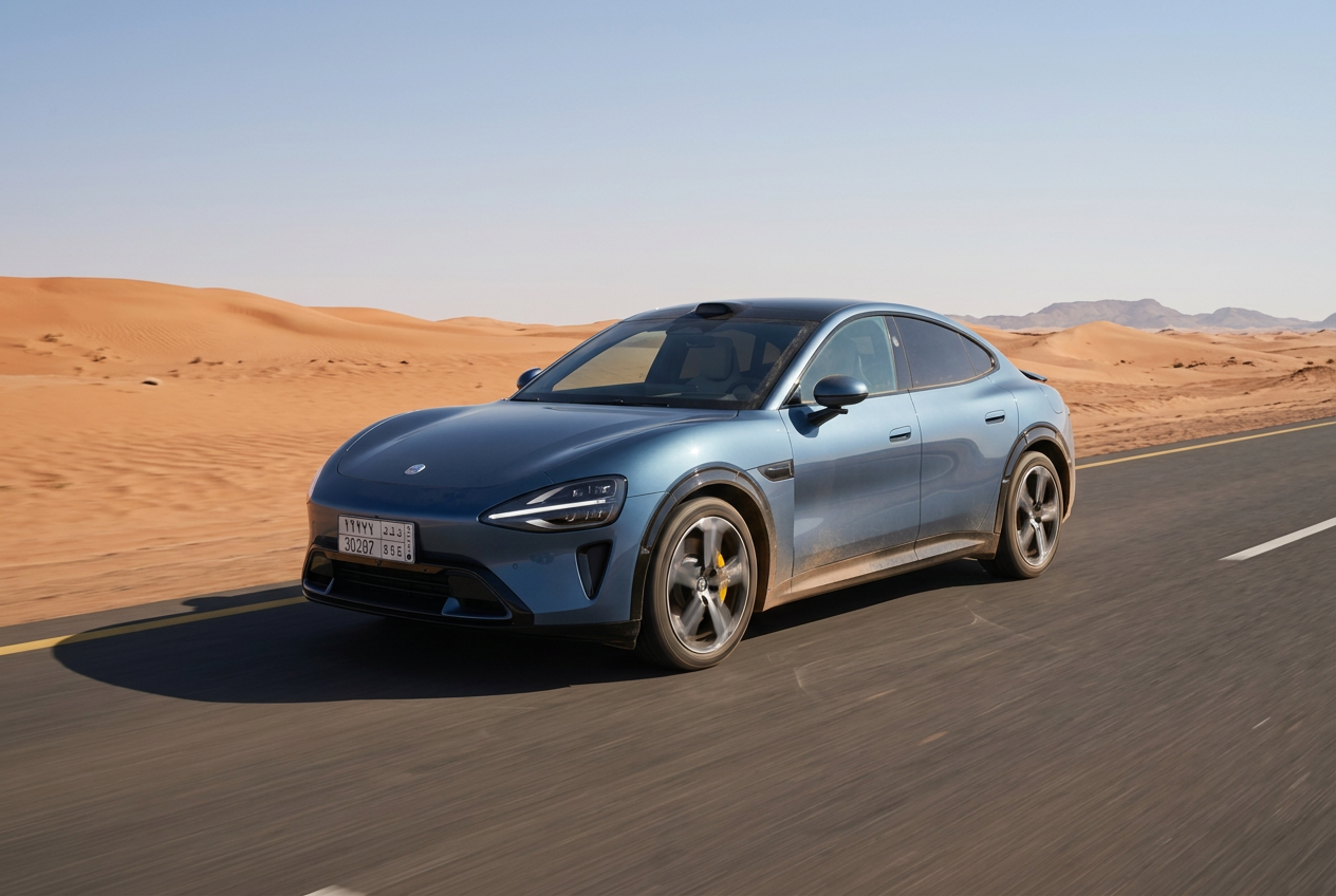 Blue Xiaomi YU7 driving on a desert highway in Saudi Arabia