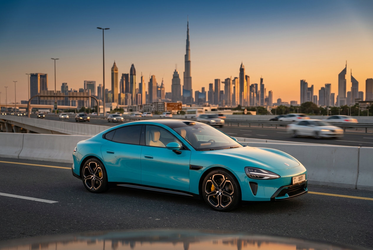 Teal Xiaomi SU7 on a Dubai highway with the Burj Khalifa skyline at sunset