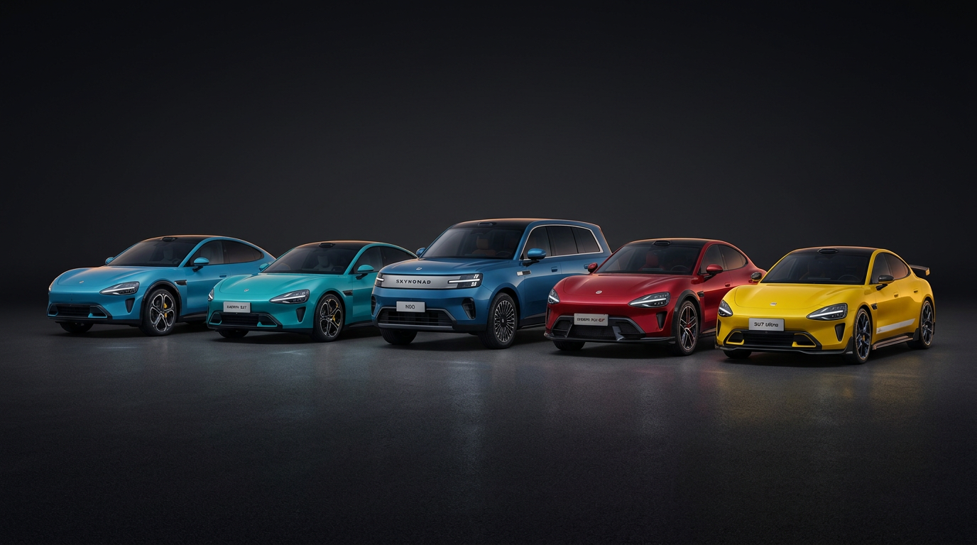 Group photo of five Xiaomi electric vehicles owned by MiEV Gulf members